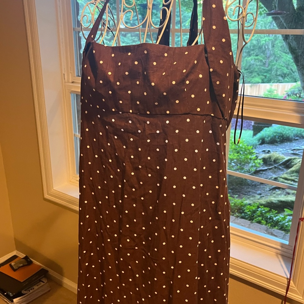 Zara Linen Chocolate Brown Dress with White Dots